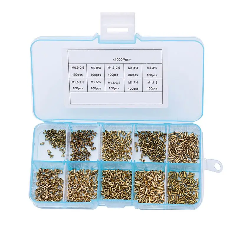 

1000Pcs/set Tubular Rivets M0.9 M1.3 M1.5 M1.7 Mix Circuit Board PCB Nails Copper Hollow Rivet Nuts Kit