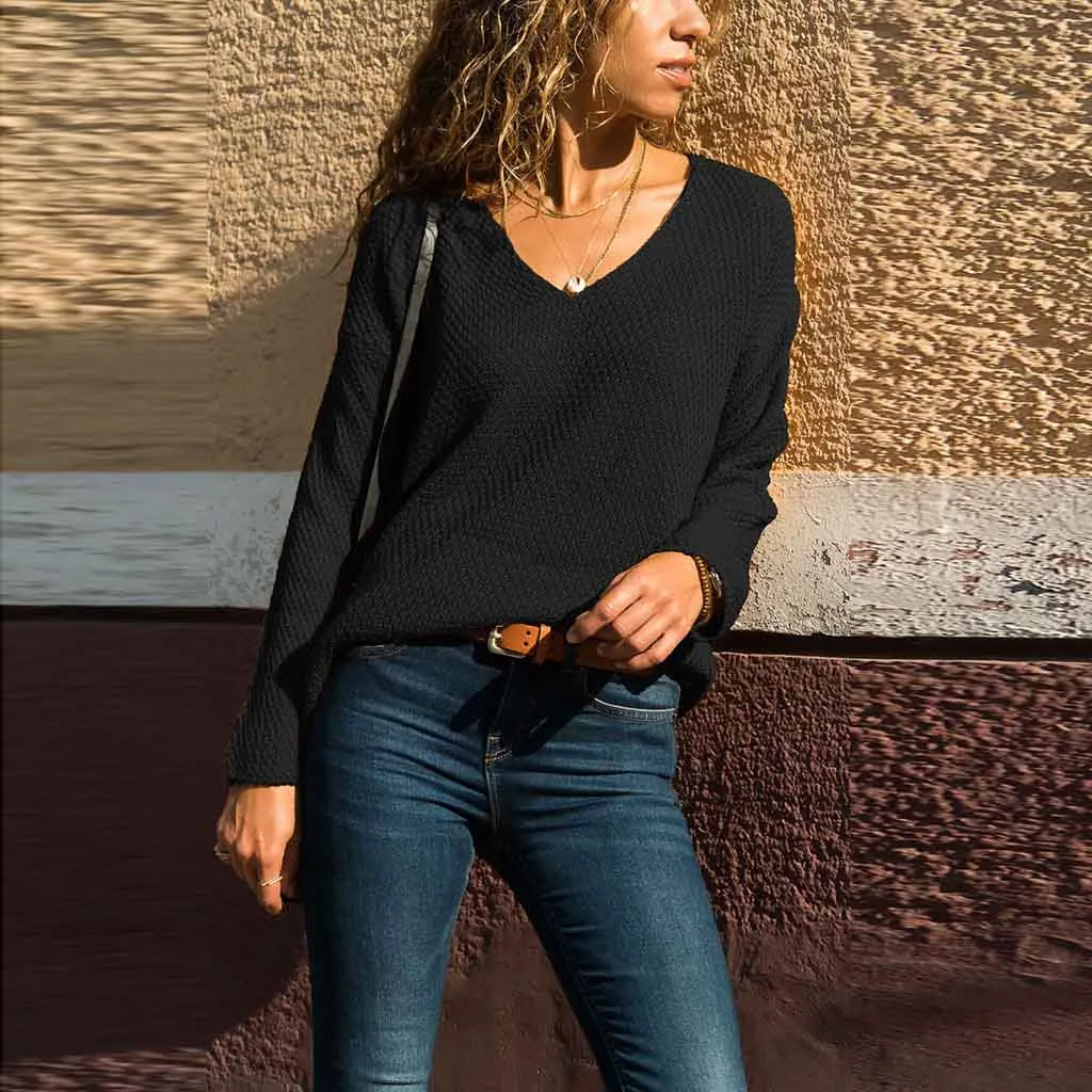 Jaycosin Fashion Casual Lady Long Sleeve V-neck Sweater Stylish Comfortable Soft Solid Color Knitting Slim Blouse Sweater Tops
