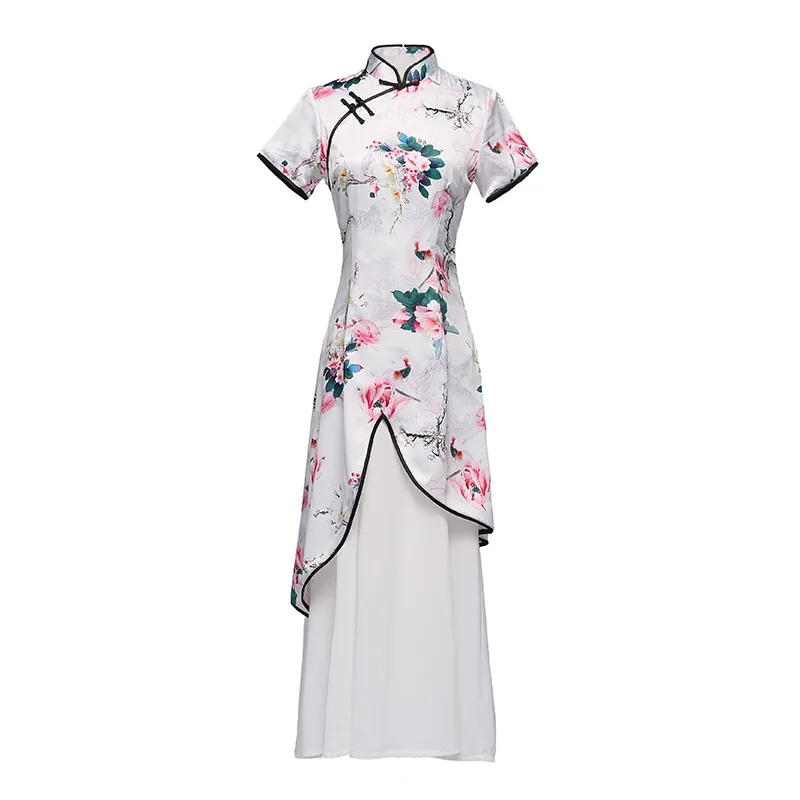 1 Aodai негабаритный 4XL китайское традиционное женское платье винтажное женское сексуальное Cheongsam Элегантное вискозное платье с принтом ручной работы и пуговицами Ципао - Цвет: 1