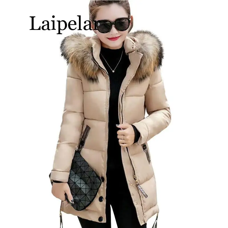 

Fur Collar Winter Parkas Women Cotton Padded Coat Thickening Jacket Female Slim Hooded Zipper Warm Outerwear Overcoat
