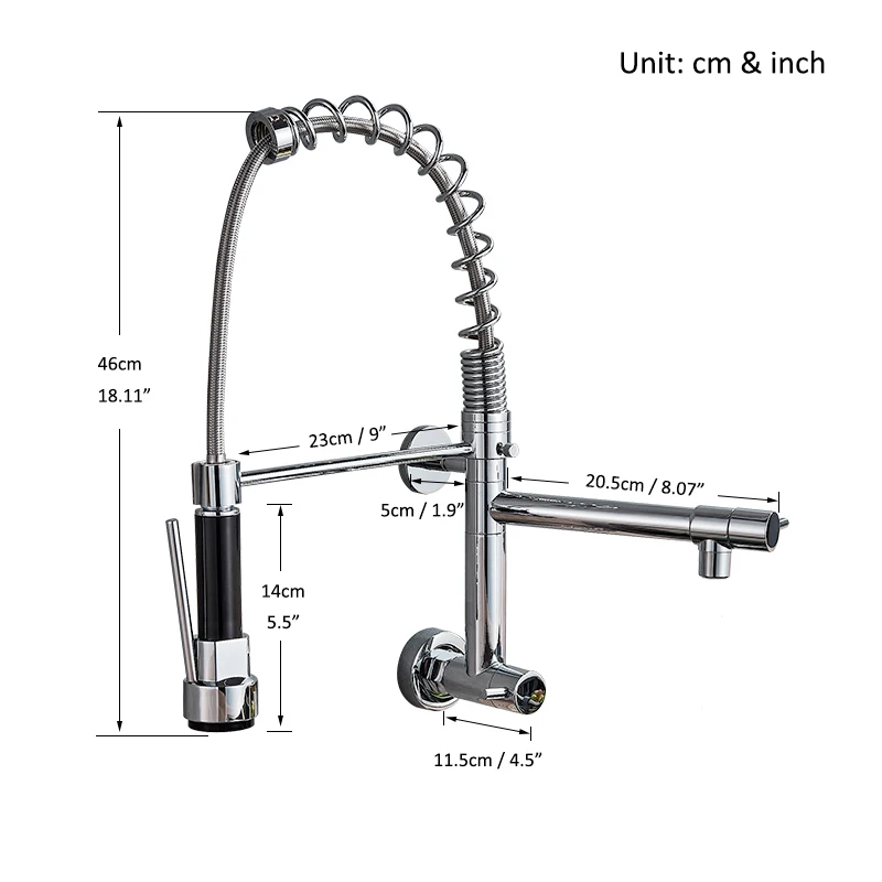 Wall Mounted Spring Kitchen Faucet Pull Down Sprayer Dual Spout