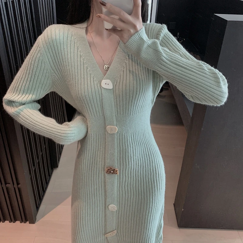 Green women dress RICININA, вязаное платье для женщин, длинный рукав, v-образный вырез, пуговицы, одноцветное, тонкое, короткое платье для женщин, зима, весна, Женские Элегантные платья - Цвет: Green women dress
