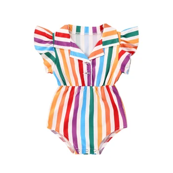 

0-24M Summer Infant Baby Girls Rainbow Striped Print Rompers Ruffles Short Sleeve Button Overalls Jumpsuits Summer Clothing