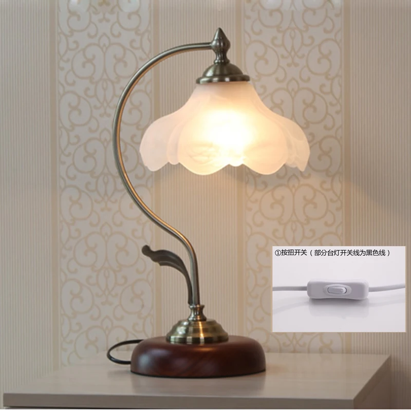American Country Desk Lamp Lotus Table Lamp Home Deco Lamp Wood Beside Lamp Glass Shade Bedroom Living Study Table Luminaire E27