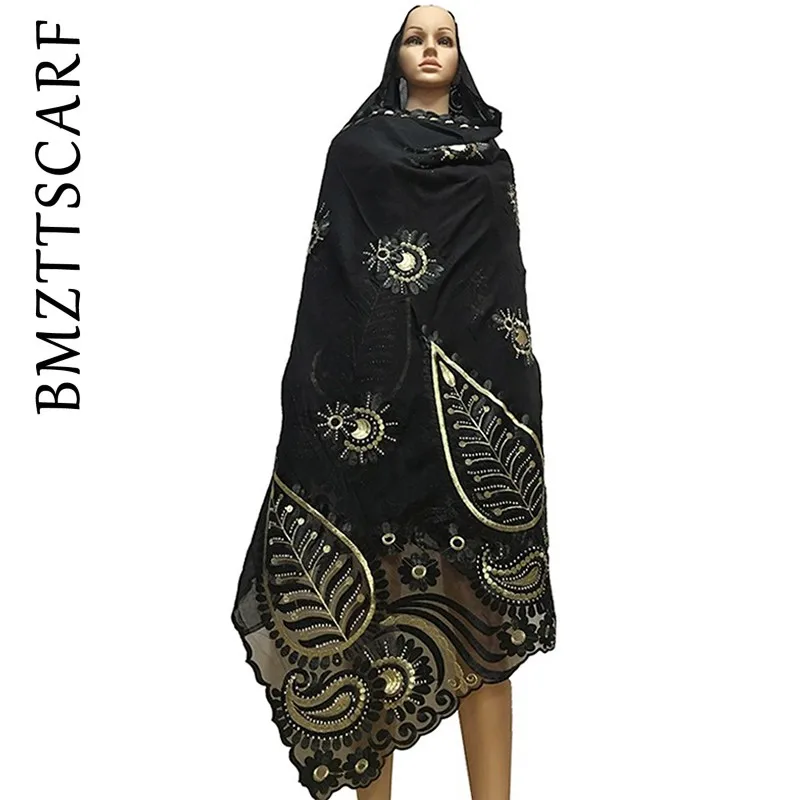 New african scarfs muslim women big embroidery cotton scarf cotton match net embroidery scarf with stones BM602 - Color: BM602-2