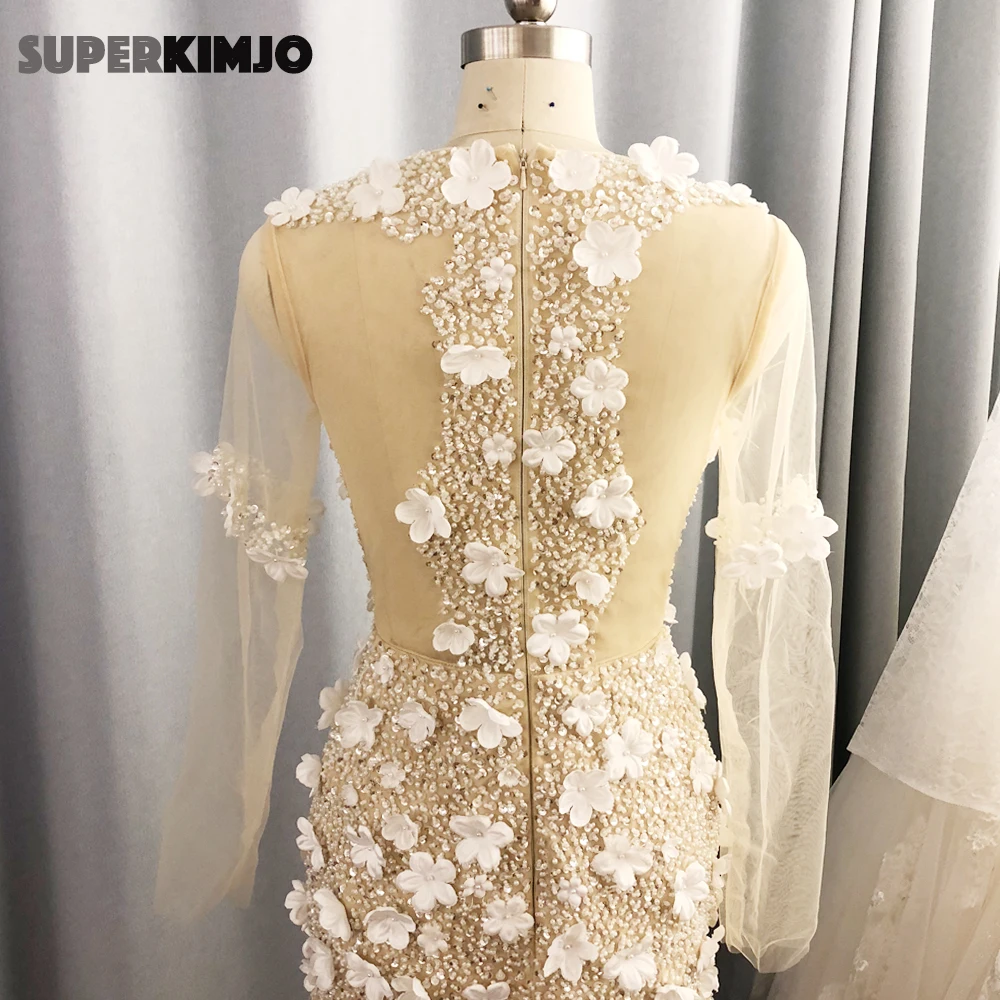 SuperKimJo Abendkleider бисерные вечерние платья с длинным рукавом 3D цветы Шампанское Русалка прозрачное сексуальное вечернее платье