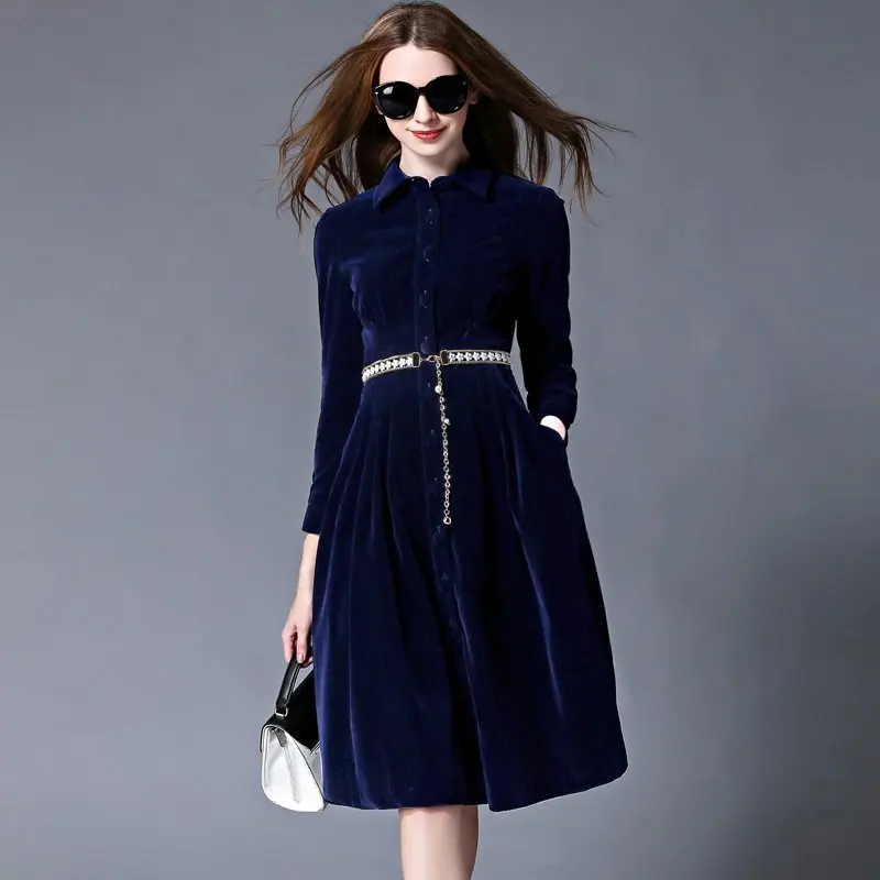 

HAMALIEL High Quality Runway Single Breasted Women Swing Dress Autumn Winter Velvet Turn Down Collar Female Belt Knee Vestidos