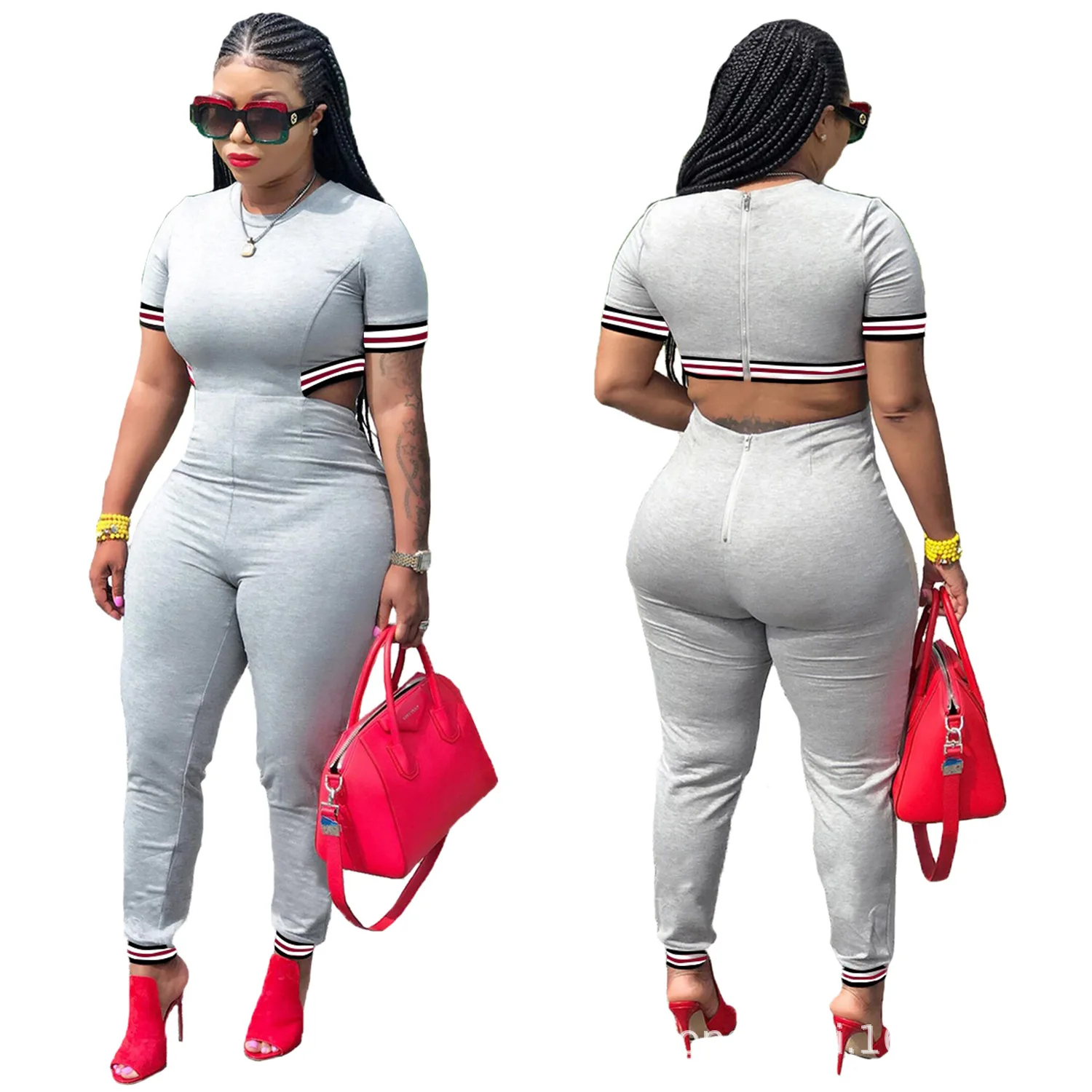 2019 explosion models Europe and the United States urban fashion women's webbing short-sleeved three-color jumpsuit trousers 2019 explosion models Europe and the United States urban fashion women's webbing short-sleeved three-color jumpsuit trousers