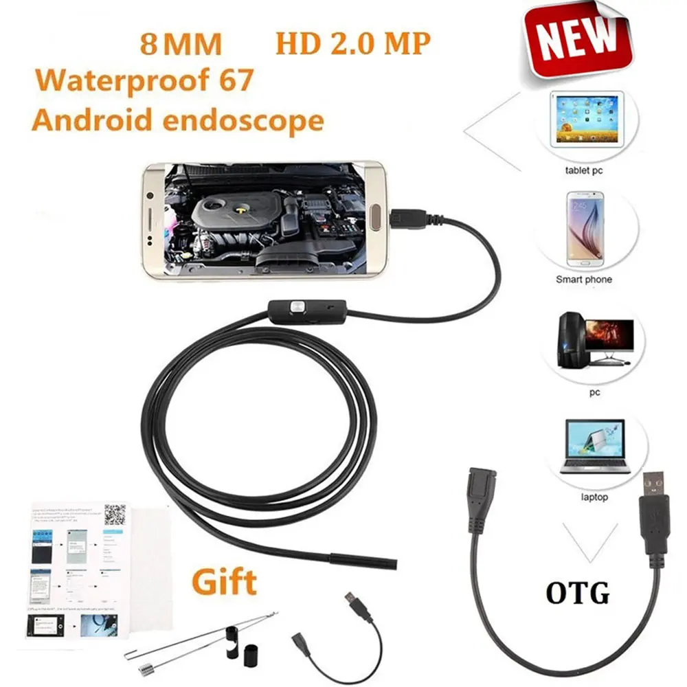Эндоскоп USB 1 м водонепроницаемый светодиодный для Android OTG 8 мм 2MP камера Змеиный телефон видео бороскоп инспекционная трубка