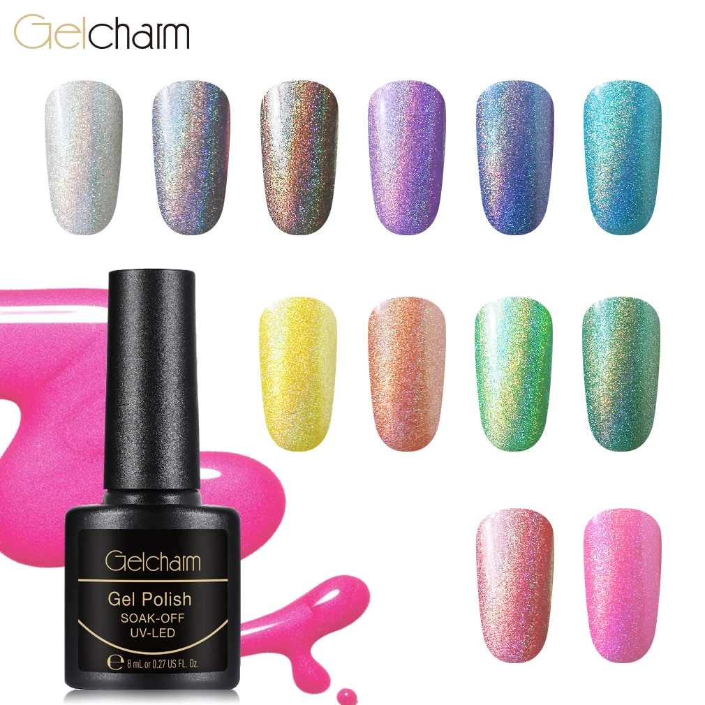 Gelcharm, 8 мл, Радужный цвет, лак для ногтей, воздушный, сухой, замачивается, голографический лак для нейл-арта, салонный маникюр, для самостоятельного маникюра, блестящие ногти