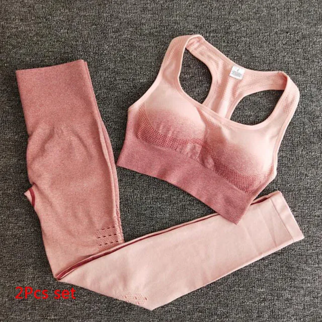 Pink 2pcs set Комплект из 2 предметов для йоги с вырезами, Женский бесшовный для спорта, спортивная одежда, одежда для фитнеса, женские леггинсы для спортзала с высокой талией, спортивные костюмы - Цвет: Pink 2pcs set