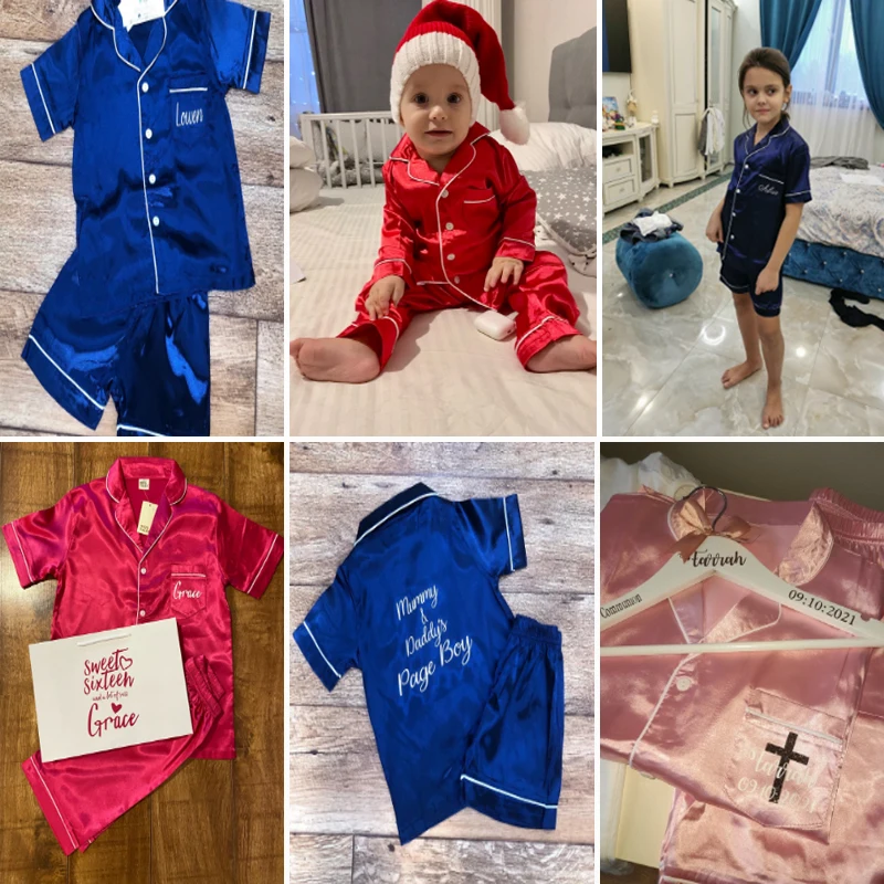 custom pajama sets	 Add Your Own Text And Design Customizing Pajama Sets for Girls Silk Satin DIY Logo Solid Nightgown Children Sleepwear for Boys pajama sets cute	