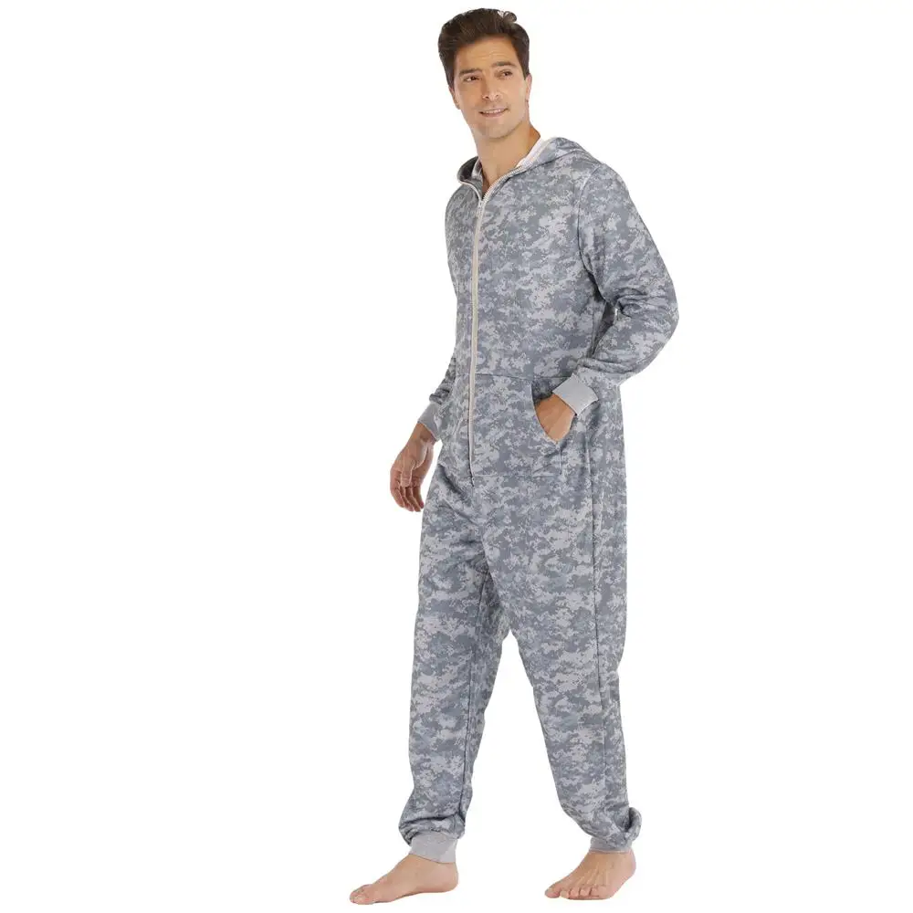 Camouflage Gray Jumpsuits Men Sweatshirt Hooded Onesies Autumn Winter Long Sleeve Pyjama Male Tracksuit Rompers Cool Suit