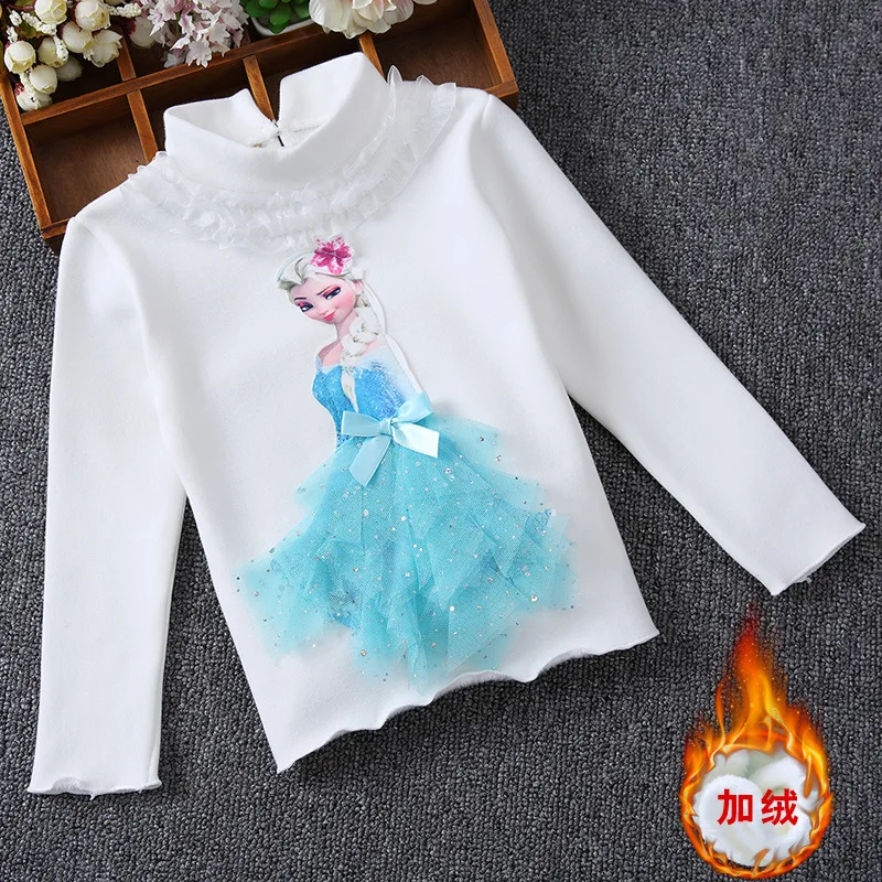 add velvet 1 Г. Модная футболка для девочек с героями мультфильма «Холодное сердце»; хлопковая Футболка с объемным рисунком принцессы Анны и Эльзы с оборками и круглым вырезом; Детская универсальная рубашка с героями мультфильмов; детская одежда - Цвет: add velvet 1