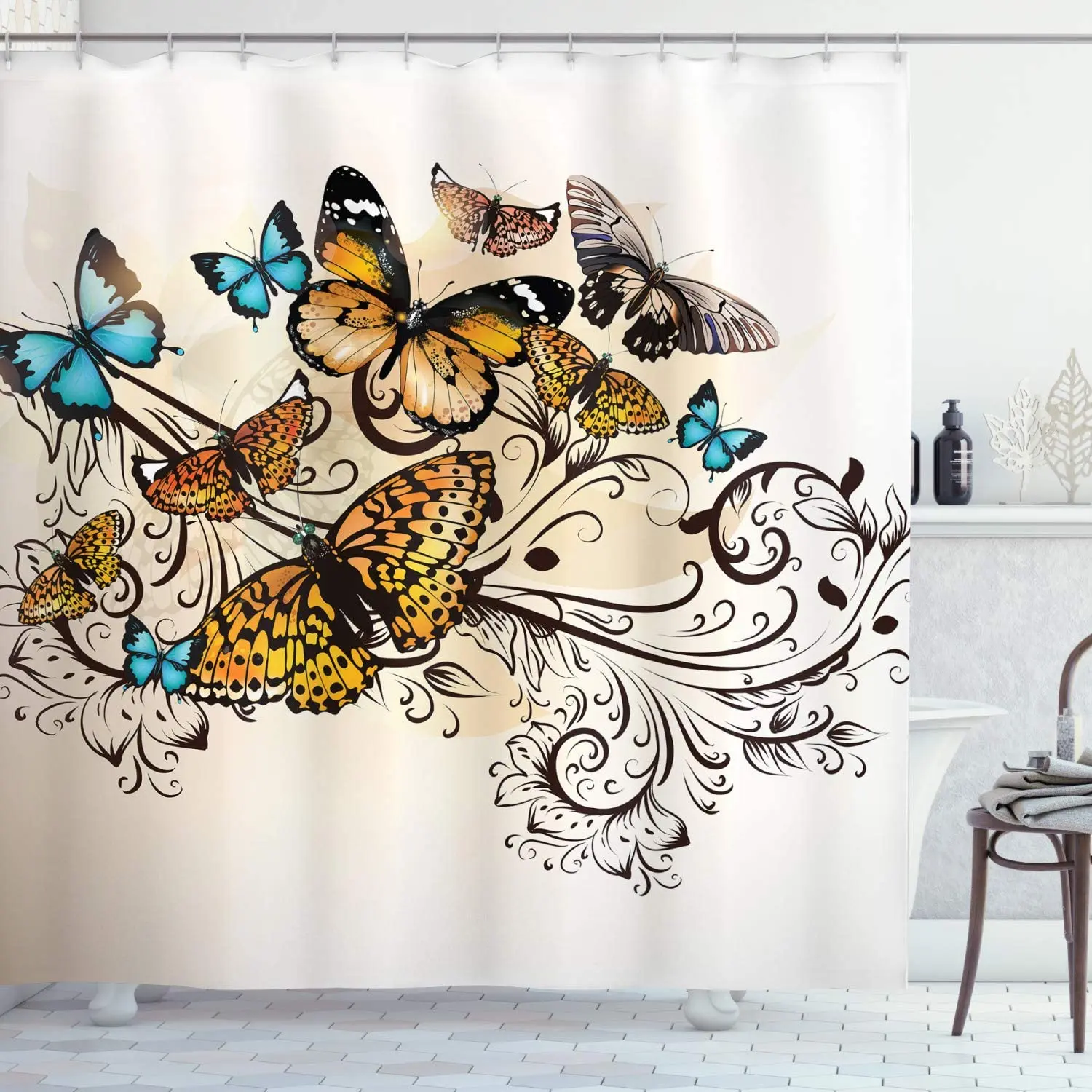 Vintage Butterfly Print Shower Curtain 12 Hooks Included 180cm x 185cm Approx 