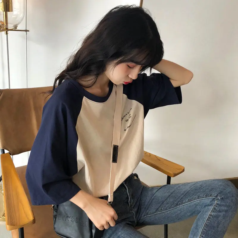 Women 5 Quarter Short Raglan Sleeve T-shirts Casual Patchwork Loose PopularO-neck Lazy Korean Style Simple Vintage584_voghion.com