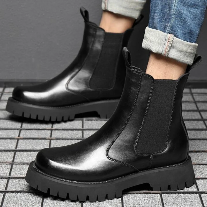 Winter Men Chelsea Rubber Boot Invisible Heel Lifted Boots Leather Platform Boots Height Increasing