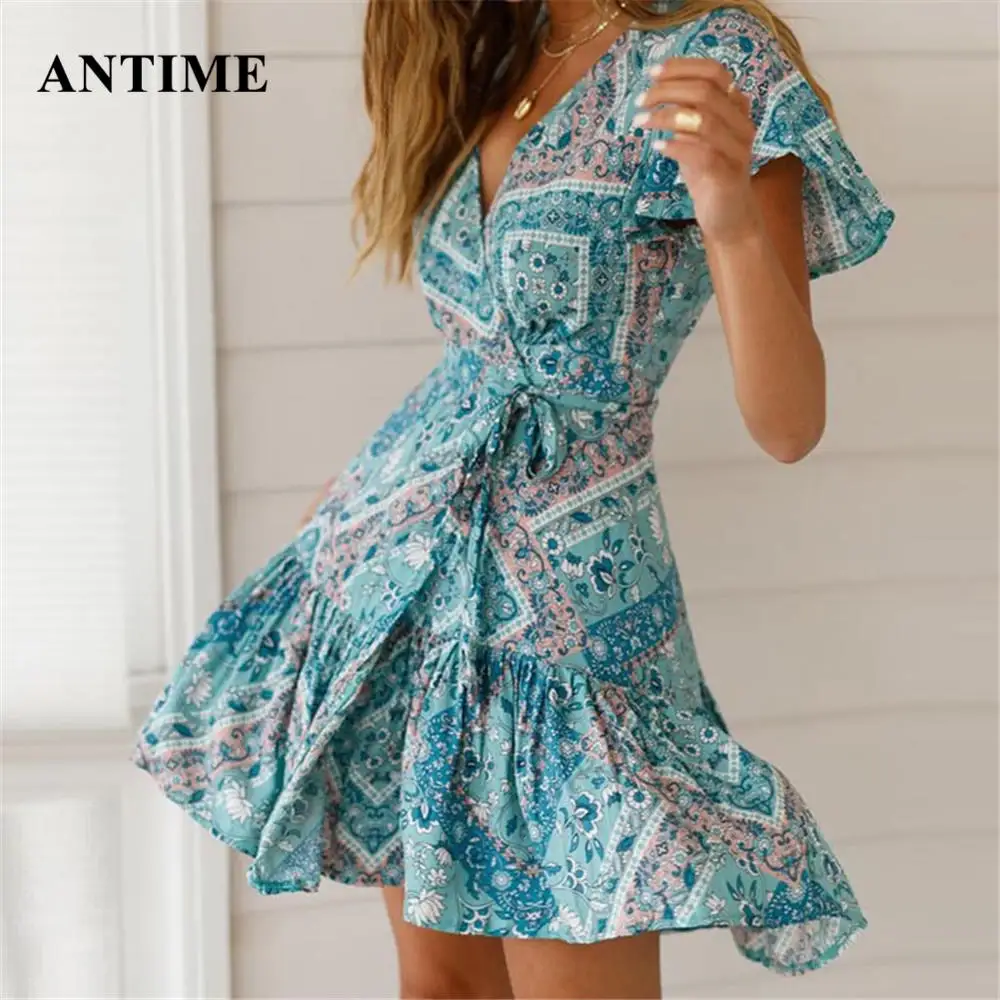 

Antime Summer Boho Dress Mini Sexy V Neck Bohemian Lace Up Butterfly Sleeve Print Ruffles Women Dress Casual Clothing