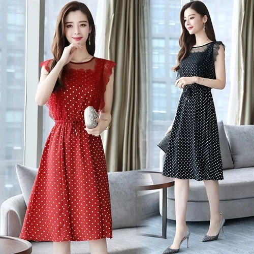 

Normcore Style Chiffon Dress 2019 New Style Korean-style Waist Hugging Lace Joint Polka Dot Slit Skirt Women's Summer tian chao