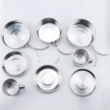 

8pcs Camping Cooker Dishes Cookware Kit Pot Pan Utensils Stainless Steel Backpacking Picnic Cup BBQ Hiking Outdoor Tableware