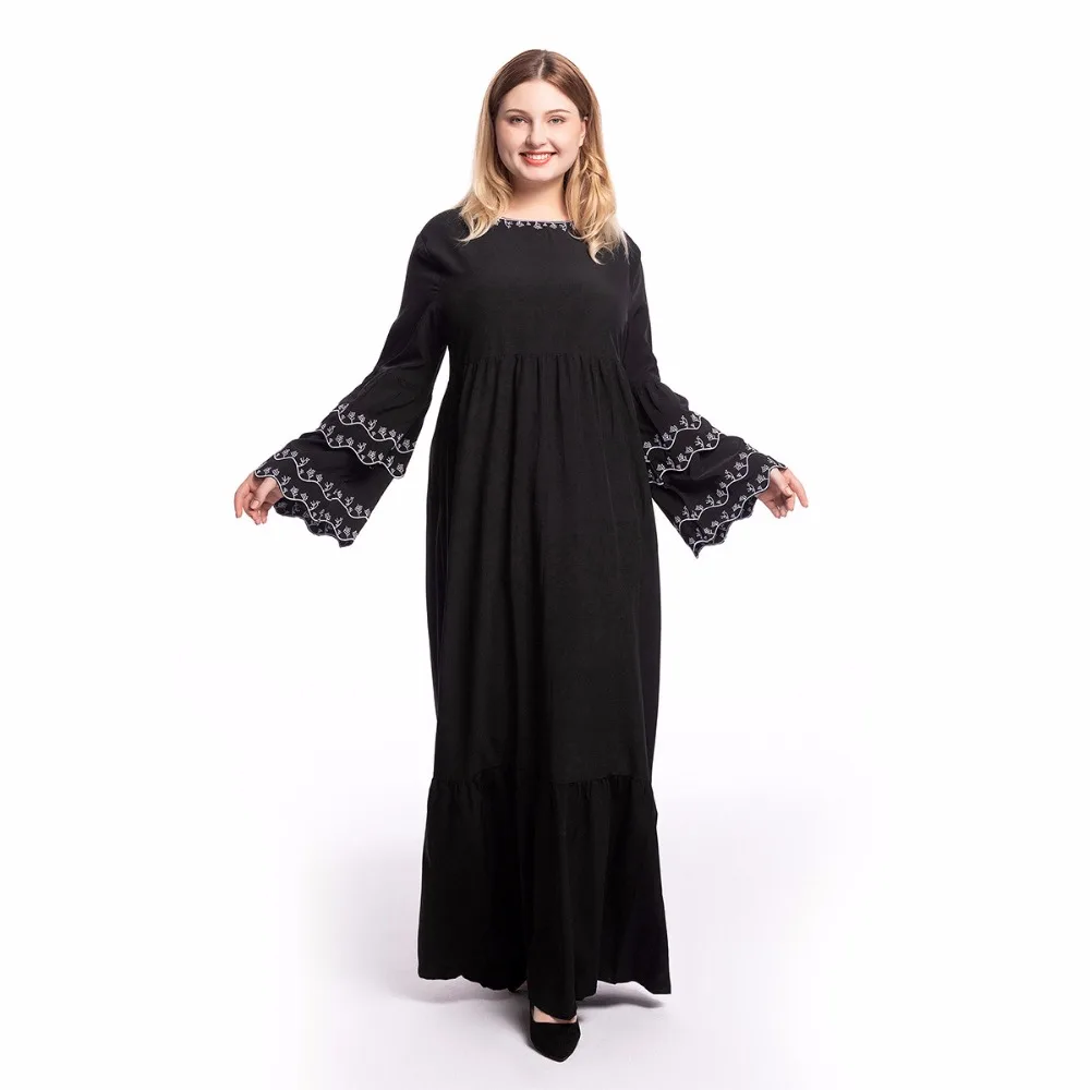 Элегантные мусульманские вышивка Абаи Flare рукав макси платье хиджаб длинные халаты кимоно Рамадан ИД Исламская, молитвенная сайт Tesettur Elbise
