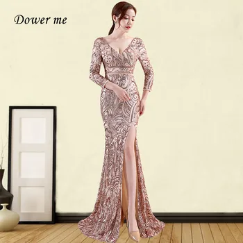 

Shining Sequin Evening Dress GDX316 Mermaid Split Robe De Soiree Double V-Neck Women Party Gowns Gold Backless Abendkleider