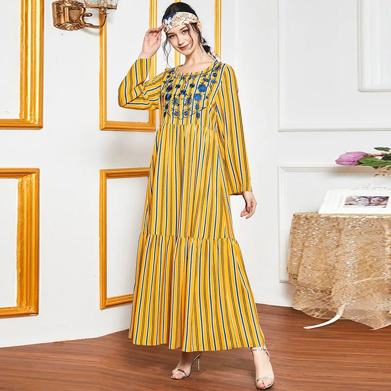 

British fashion embroidery women's temperament popular striped printing long-sleeved loose casual dress Muslim womens long skirt