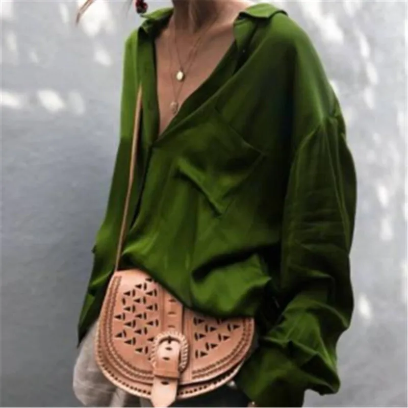 Women Sexy Deep V-neck Satin Blouse Tops Loose Long Sleeve Office Ladies Shirt Casual Solid Silk Female Spring Shirt