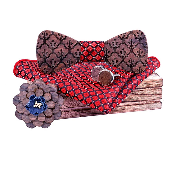 Wooden Bow Tie Men Set Square Scarf Cufflinks Brooch Party Stage Bow Tie Men's Accessories Logo Custom