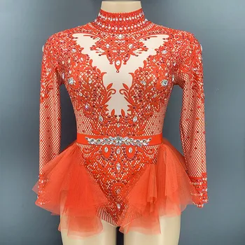 

New Dance Costume Rhinestone Long Sleeves Bodysuit Birthday Celebrate Prom Outfit Women Dancer Singer Party Show Outfit
