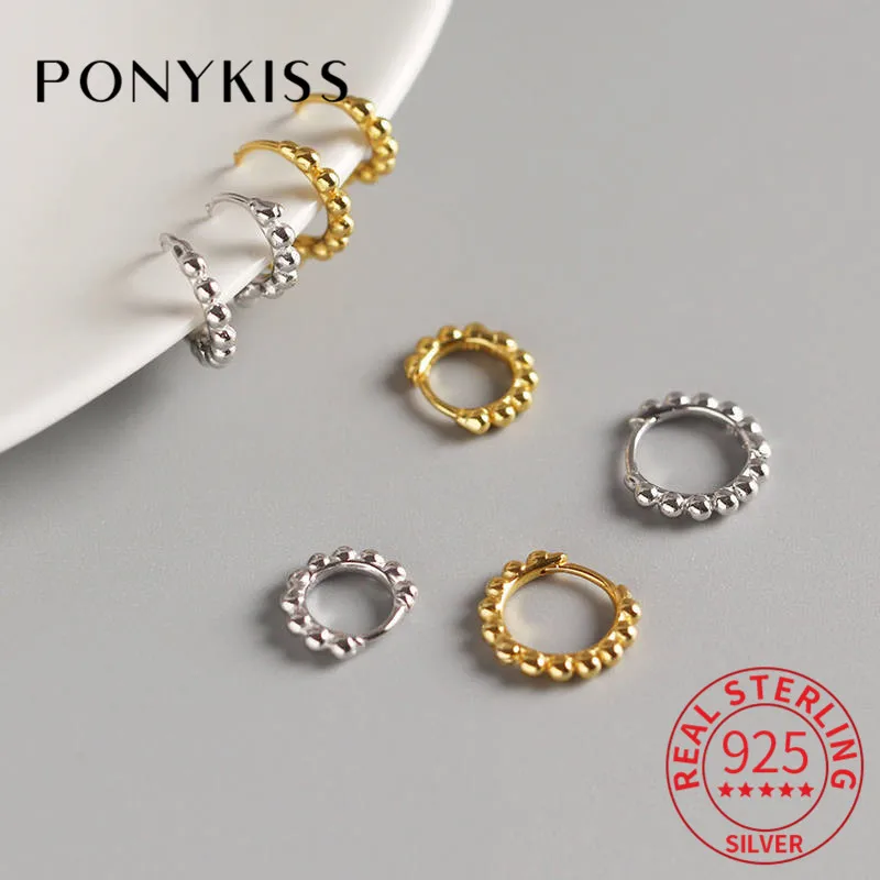 

PONYKISS Real 925 Sterling Silver Round Bead Geometric Hoop Earrings Fashion Women Party Trendy Earrings Accessory Chic Gift
