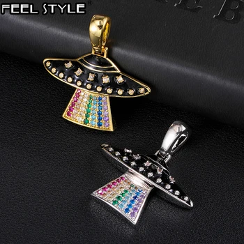 

Hip Hop Iced Out Micro Paved Alien UFO Colorful Cubic Zirconia Pendant Necklace For Men Rapper Jewelry With Solid Back