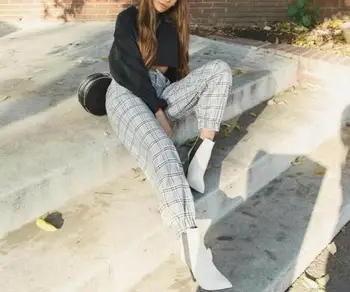 

Casual Women's Plaid Cropped Pants Women's Fashion Gray High Waist Loose Tights Long Pencils Harlan Style Women's Pants