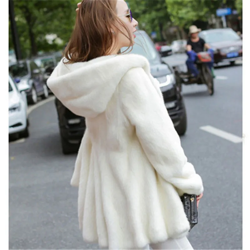 Winter Thick Fur Young Women Medium-long Hooded Water Mink Fur Jacket Plus Size 8XL Ladies Warm Clothes Coats And Outwear G1266 - Цвет: white