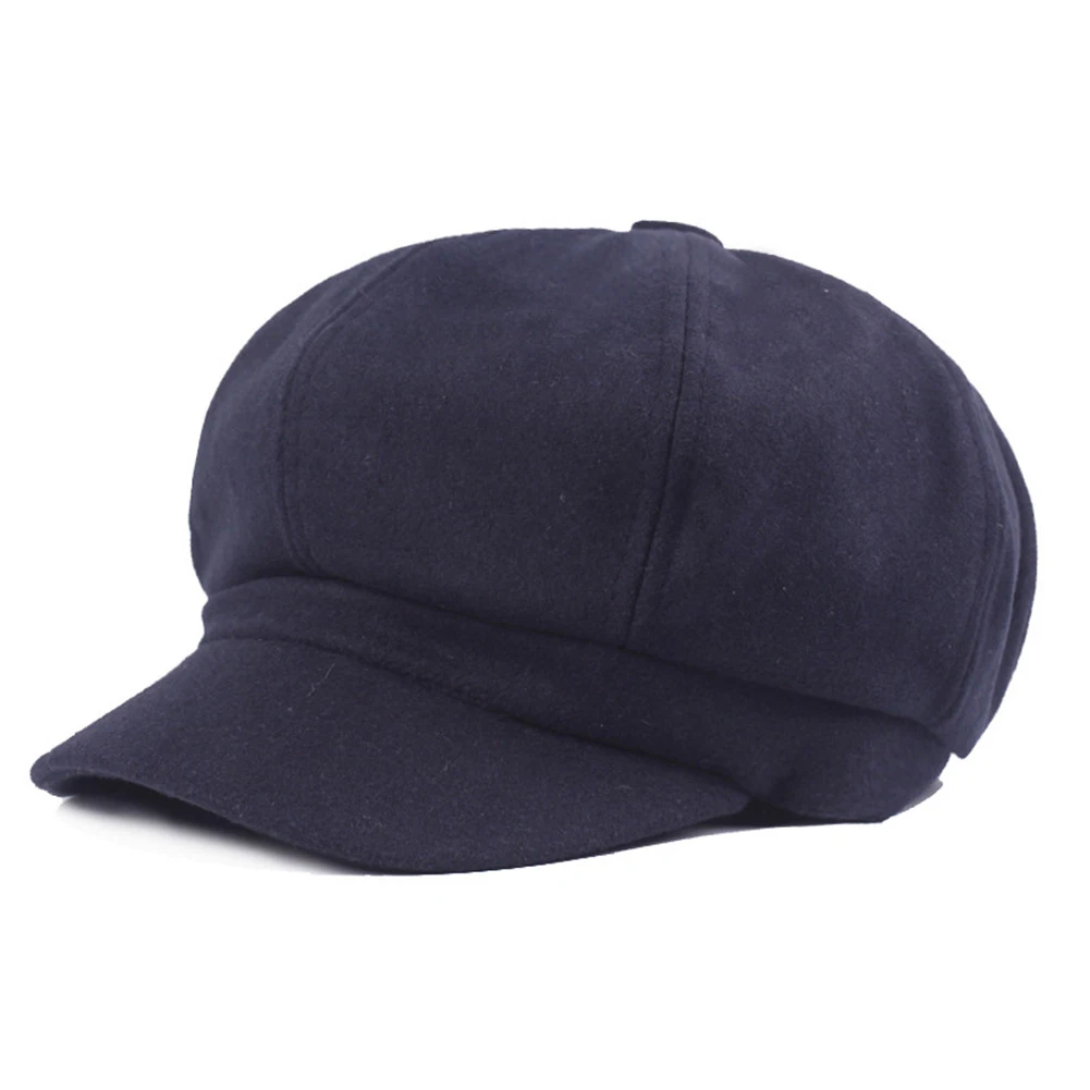 Lady spring Winter Vintage Women's Men's Woolen Octagonal Cap Newsboy Cabbie Cap Casual Beret Hat Outdoor Solid Color Hats - Цвет: Синий