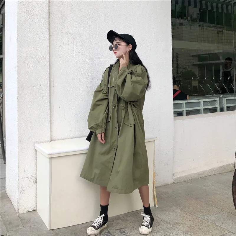 Fox Mrs. Autumn High Waist Drawstring Waist Hugging Mid-length Stand Collar Loose-Fit Coat Lantern Sleeve Trench Coat Women's