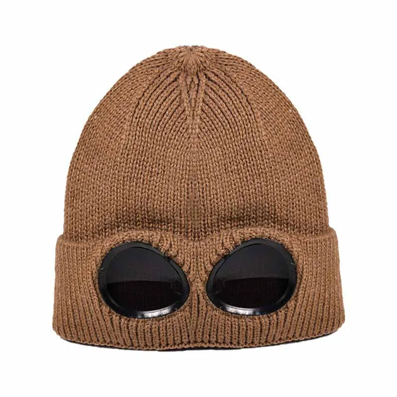 QJ2310QC Unisex Wool Knitted Goggles Beanie, Leisure Thermal Fluffy Warm Autumn Winter Hat Sports Cap Heat Keeper Ear Snow Cold Protector - Цвет: QJ2310QC