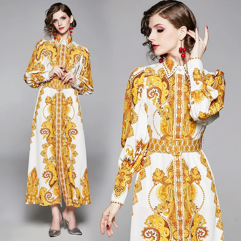 

Europe And America New Products Fold-down Collar Single Breasted Long Dress (with Belt)