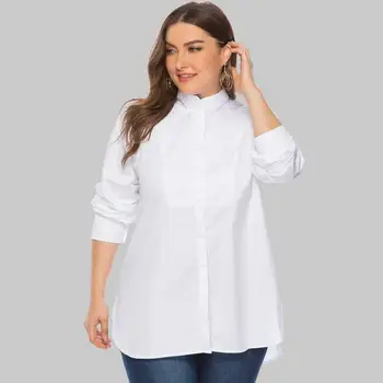 

Women Solid Casual Shirts Plus Size White Shirts Stand White Blouses Plus Size Tops Female Blusas
