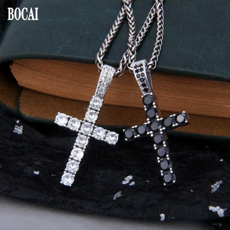 BOCAI New Real Pure Solid s925 Silver Diamond-set Zircon Black and White Cross Trendy Hip-hop Rock Man and Woman Pendant