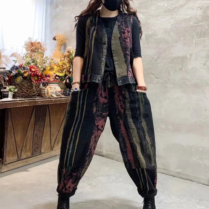 women's skirt suit sets Max LuLu Womens Striped Design Loose Two Pieces Sets 2022 Spring British Style V-Neck Casual Vest Vintage Denim Tops Black Jeans red pant suit Suits & Blazers