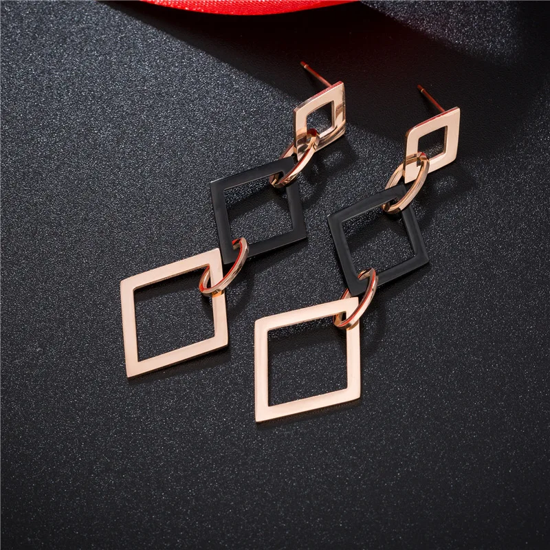 

YiKLN Style Titanium Double Color Hollow Rhombus Long Earrings Classic Rose Gold Geometric Earrings For Women Kolczyki RN01407