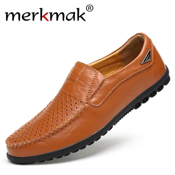 

Merkmak Genuine Leather Men Casual Shoes Luxury Brand 2020 Mens Loafers Moccasins Summer Breathable Slip on Boat Shoes Plus Size