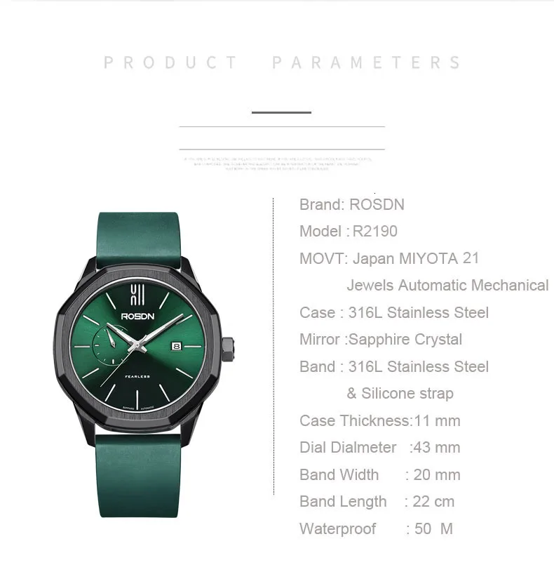 Luxury Brand ROSDN Men's Watches Japan MIYOTA Automatic Mechanical Pocket Watch Man Sapphire 50M Waterproof Silicone Strap R2190