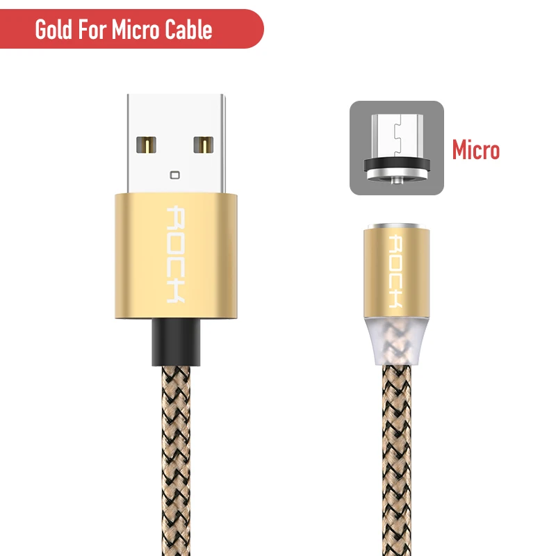 Gold For Micro USB ROCK светодиодный магнитный кабель Micro usb type C, зарядное устройство для Xiaomi Redmi Note 8, iPhone X, samsung S9, huawei, быстрая зарядка, USB C, 1 м - Цвет: Gold For Micro USB