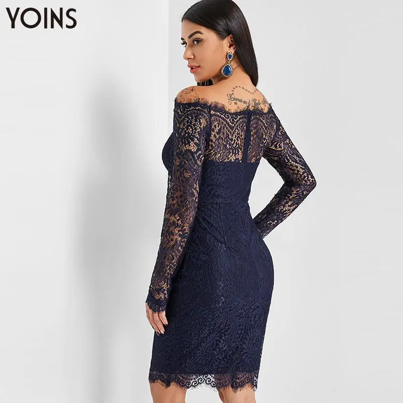 YOINS, женские сексуальные вечерние платья, облегающее кружевное платье с открытыми плечами, на молнии сзади, с длинным рукавом, Женские Элегантные платья до колена, Vestidos
