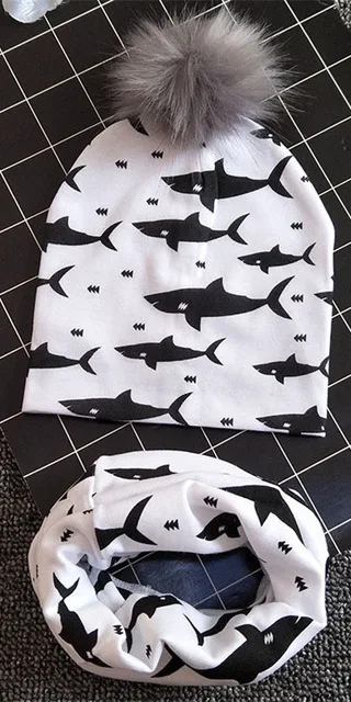 shark a Весенне-осенняя шапка для девочек, шарф, комплект с рисунком панды, кота, шапка для маленьких мальчиков и девочек, детская шляпа, шарф-воротник, хлопковый детский набор с шапочкой - Цвет: shark a
