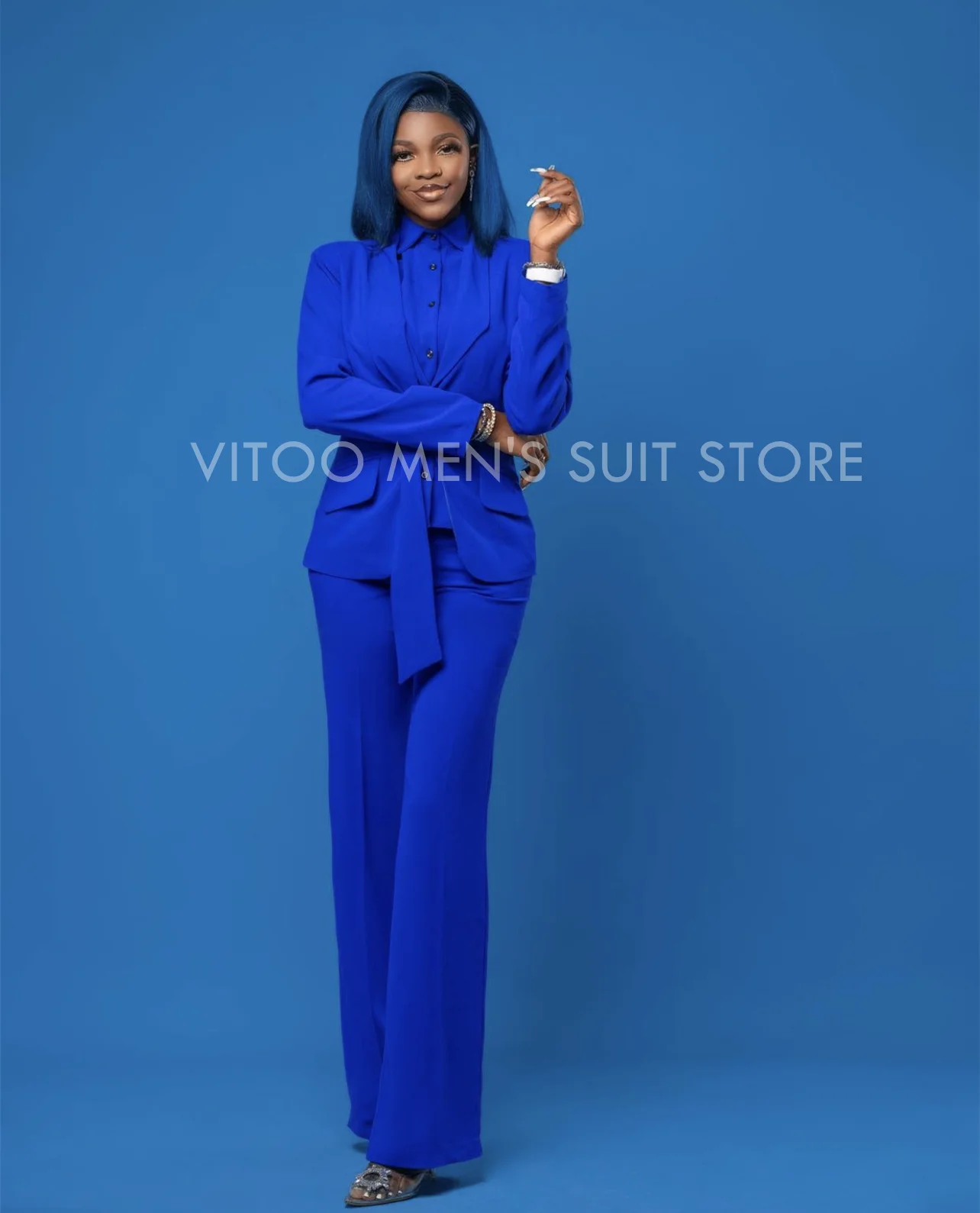 Women Royal Blue Front Button Blazer With Pleated Pants