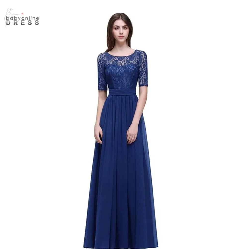 

In Stock Elegant Half Sleeve Plus Size Lace Long Evening Dress Sexy Royal Blue V Back Evening Gowns Robe De Soiree Longue