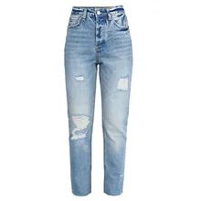 Женские прямые джинсы с высокой талией, потертые джинсы с потертостями и кисточками